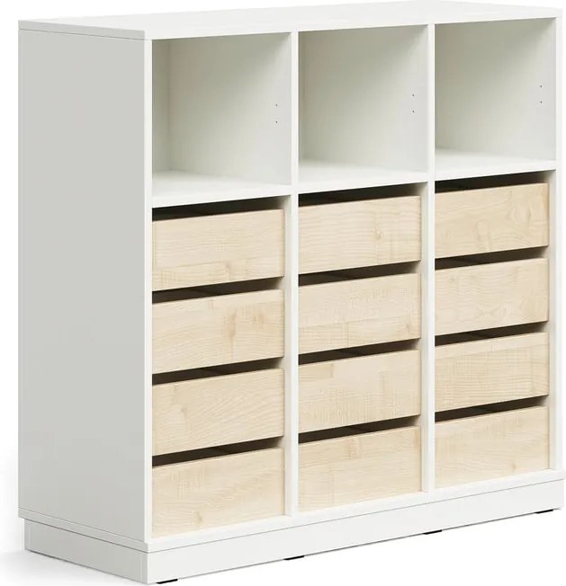 Úložná skrinka CASPER, 12 zásuviek, 3 horné priehradky, so soklom, biela/breza