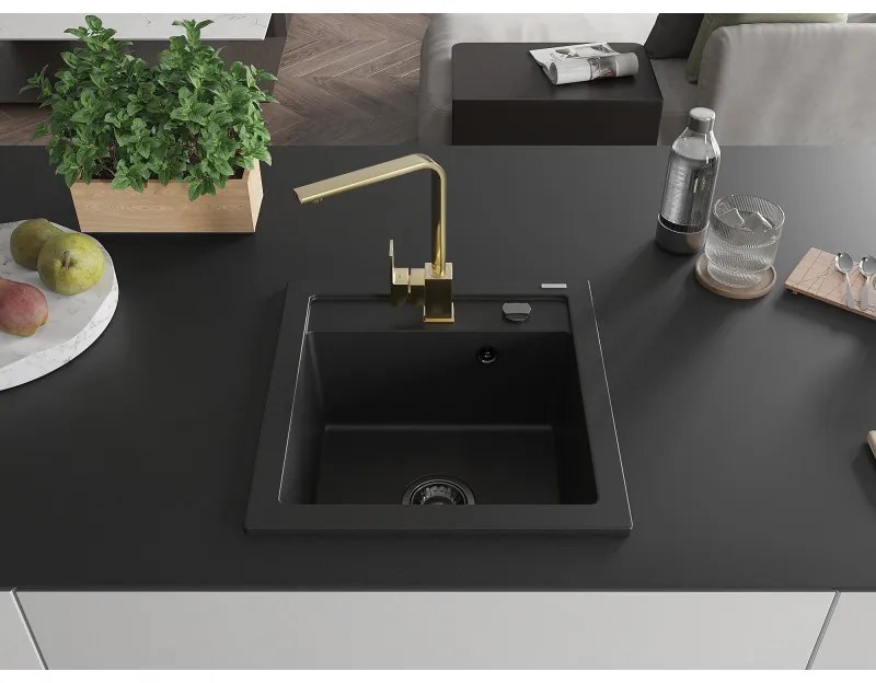 Mexen Vito, 1-komorový granitový drez 520x490x210 mm, zlatá batéria Rita, čierna, 6503-77-670300-50-B