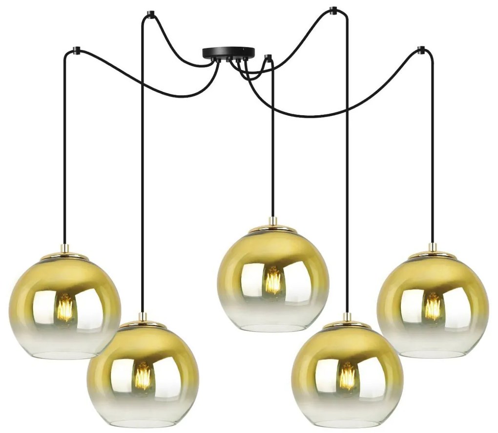 Závesné svietidlo Bergen Gold Spider, 5x zlaté/transparentné sklenené tienidlo (fi 15cm)