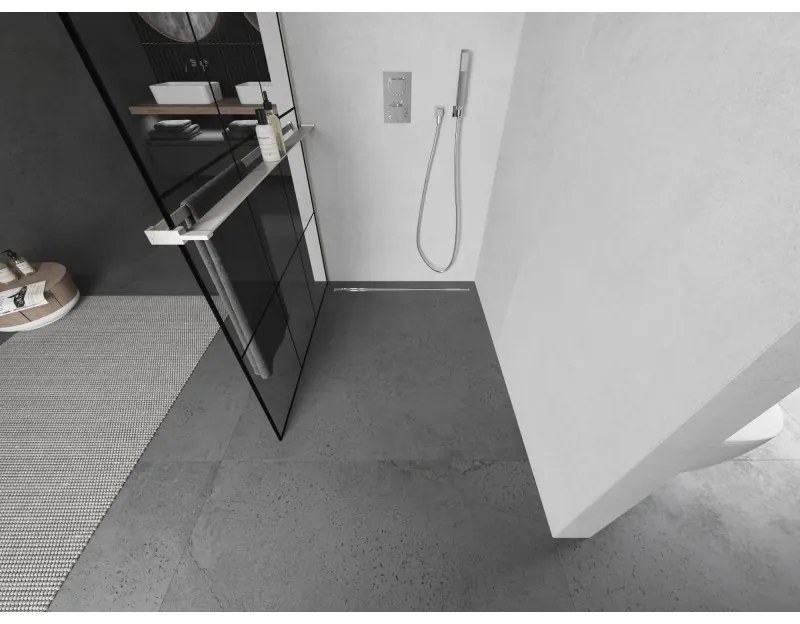 Mexen Kioto+, sprchová zástena Walk-In s poličkou a vešiakom 120 x 200 cm, 8mm číre sklo čierny vzor, brúsená oceľ profil, 800-120-121-97-77