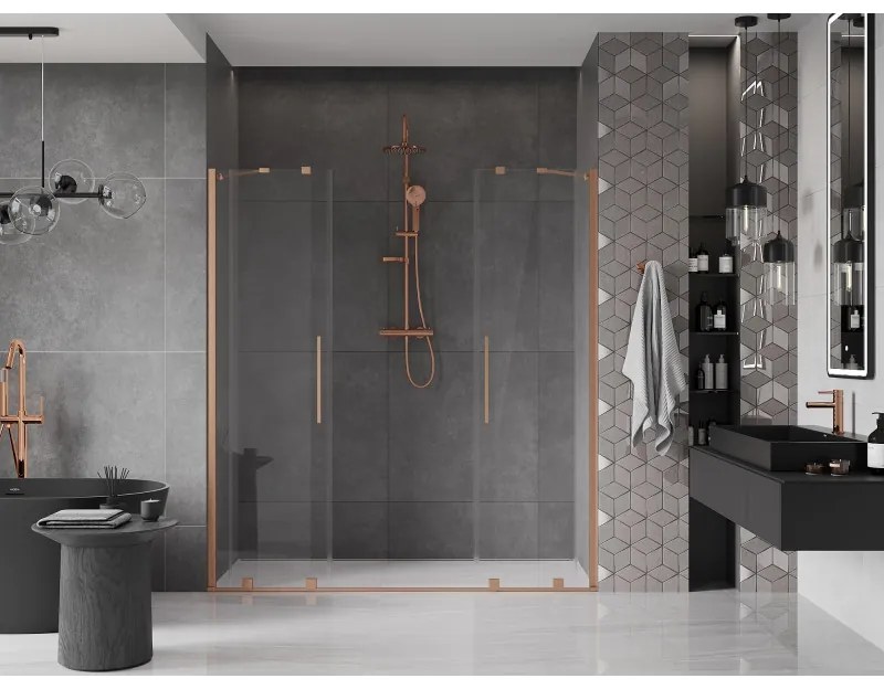 Mexen Velar Duo, posuvné dvere do otvoru 180x200 cm, 8mm číre sklo, medená matná, 871-180-000-02-65