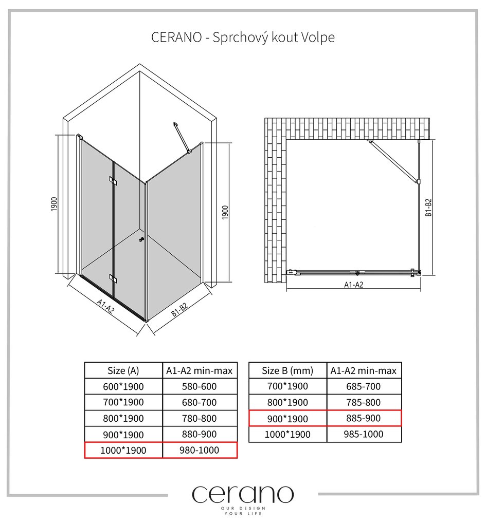 Cerano Volpe, sprchovací kút so skladacími dverami 100(dvere) x 90(stena), 6mm číre sklo, chrómový profil, CER-CER-427219