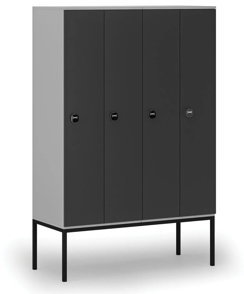 Drevená šatníková skrinka s podnožou, 4 oddiely, 1871 x 1200 x 500 mm, RFID zámok, sivá/grafit