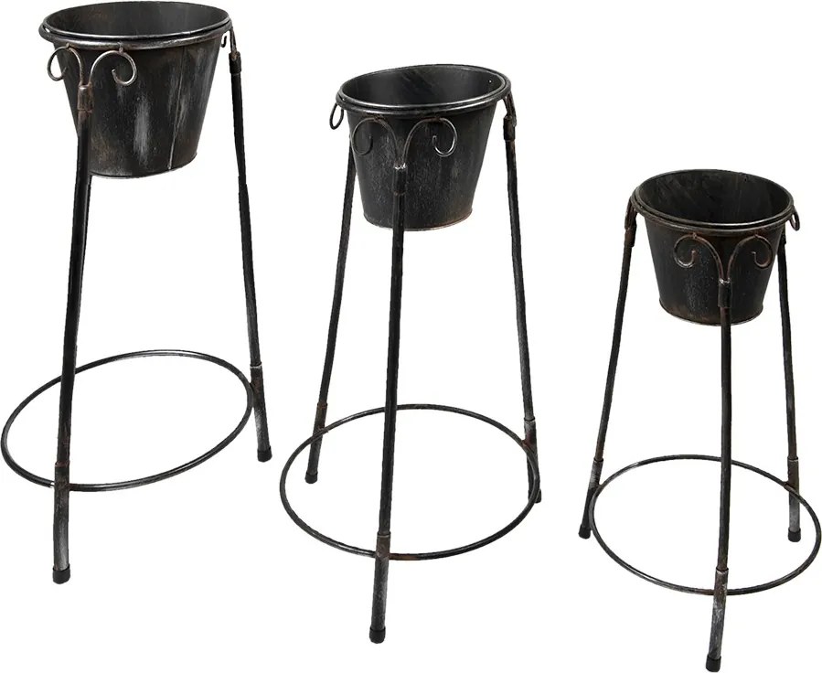 Set 3ks čierny antik kvetináč na podstavci - 38*38*79/ 36*34*61/ 28*27*49 cm