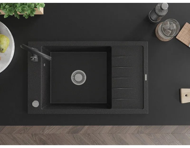 Mexen Elias, 1-komorový granitový drez s odkvapkávačom 80x48 cm a kuchynskou batériou Telma, čierna-strieborná, 6511-73-670200-70