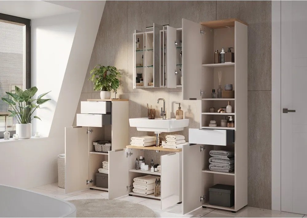 Krémová lesklá vysoká/úzka kúpeľňová skrinka 39x112 cm Tavira – Germania