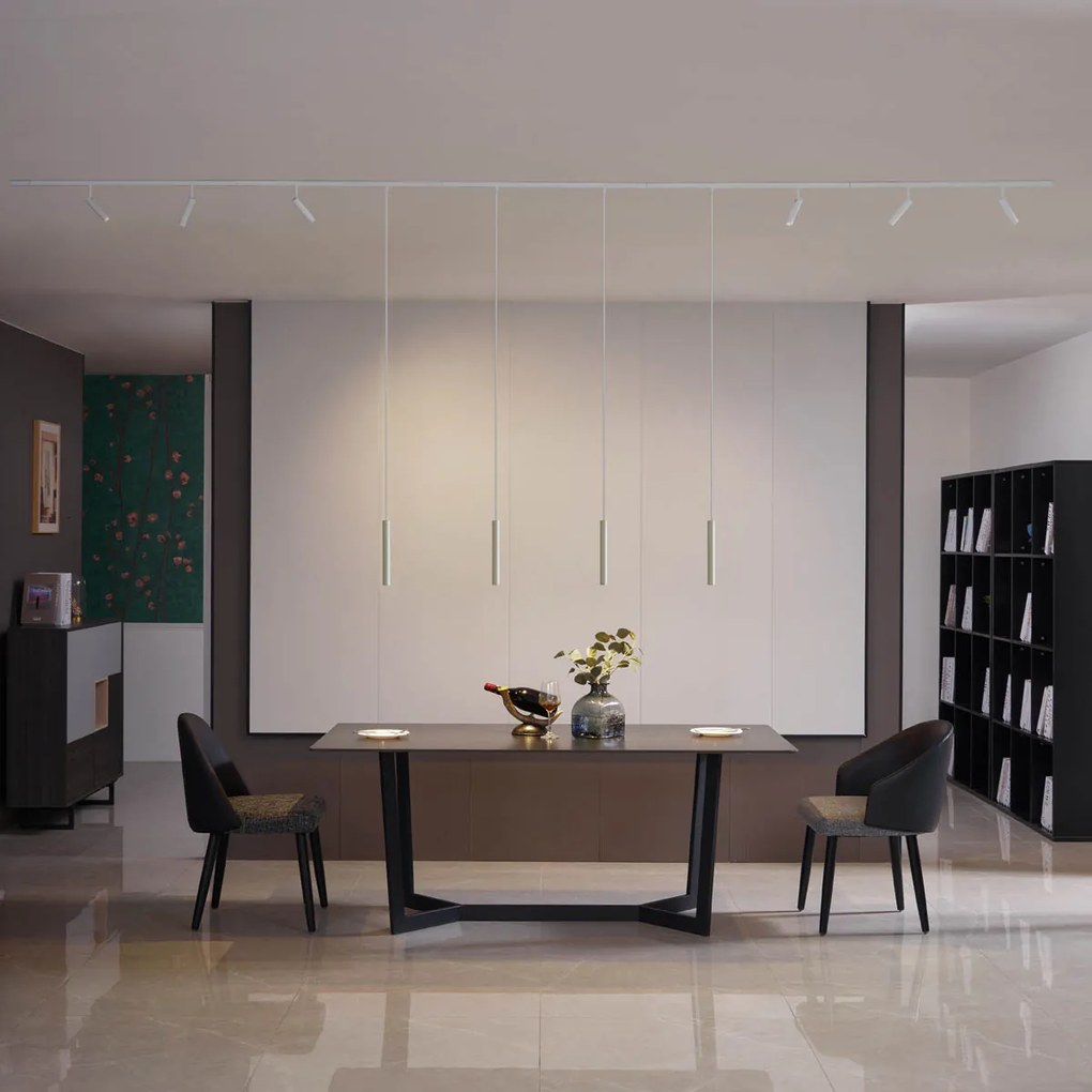 Moderný koľajnicový systém s 6 reflektormi a 4 závesnými svetlami béžovej a bielej farby 1-fázový - Slimline Uzzy Keno