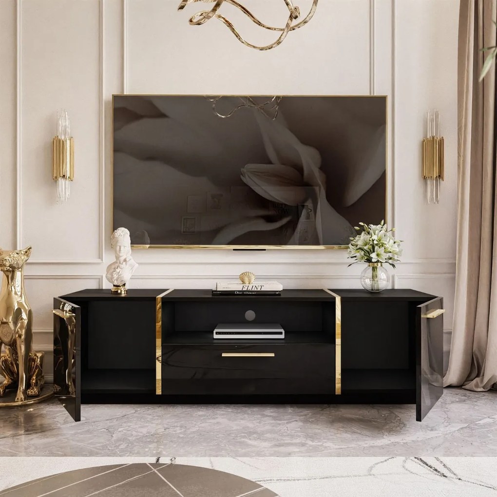TV STOLÍK SANTINO ČIERNY LESK / ZLATÝ 158 cm