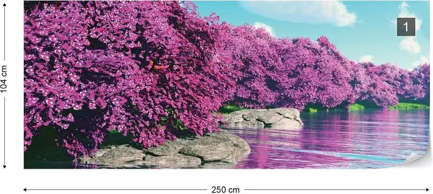 Fototapeta GLIX - Purple Blossom Trees Lake Calming + lepidlo ZADARMO Vliesová tapeta  - 250x104 cm