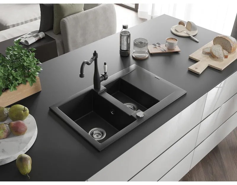 Mexen Gaspar, granitový drez 752x436x161 mm, 1,5-komorový a drezová batéria Carla, čierna, 6507-77-670700-00