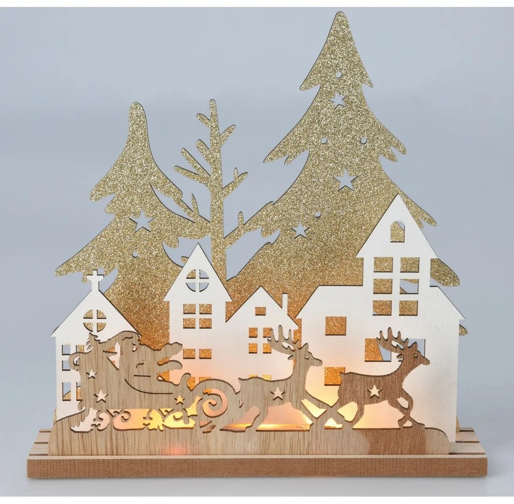 Vianočná stolová LED lampa Domčeky a Santa nasaniach, MDF, 19,5 x 4,5 x 19,5 cm