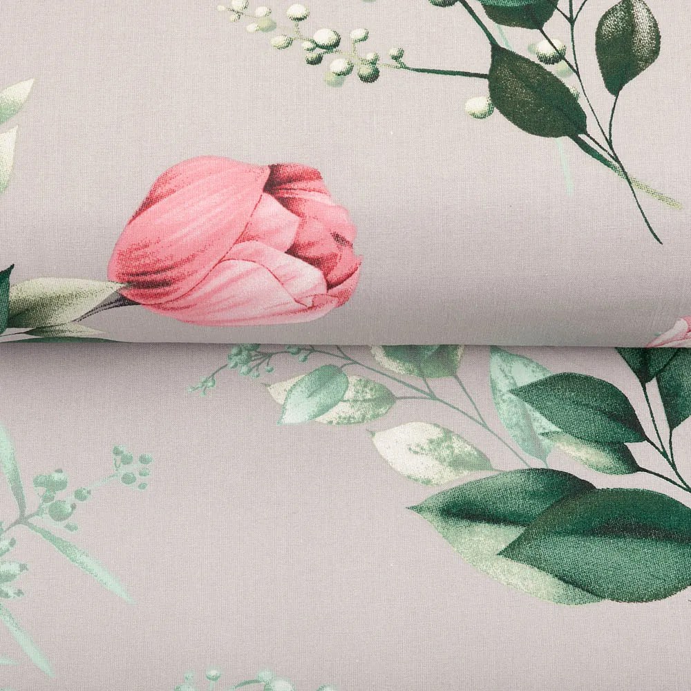 Bavlnená látka/plátno Sandra SA-452 Ružové kvety na sivom - šírka 160 cm