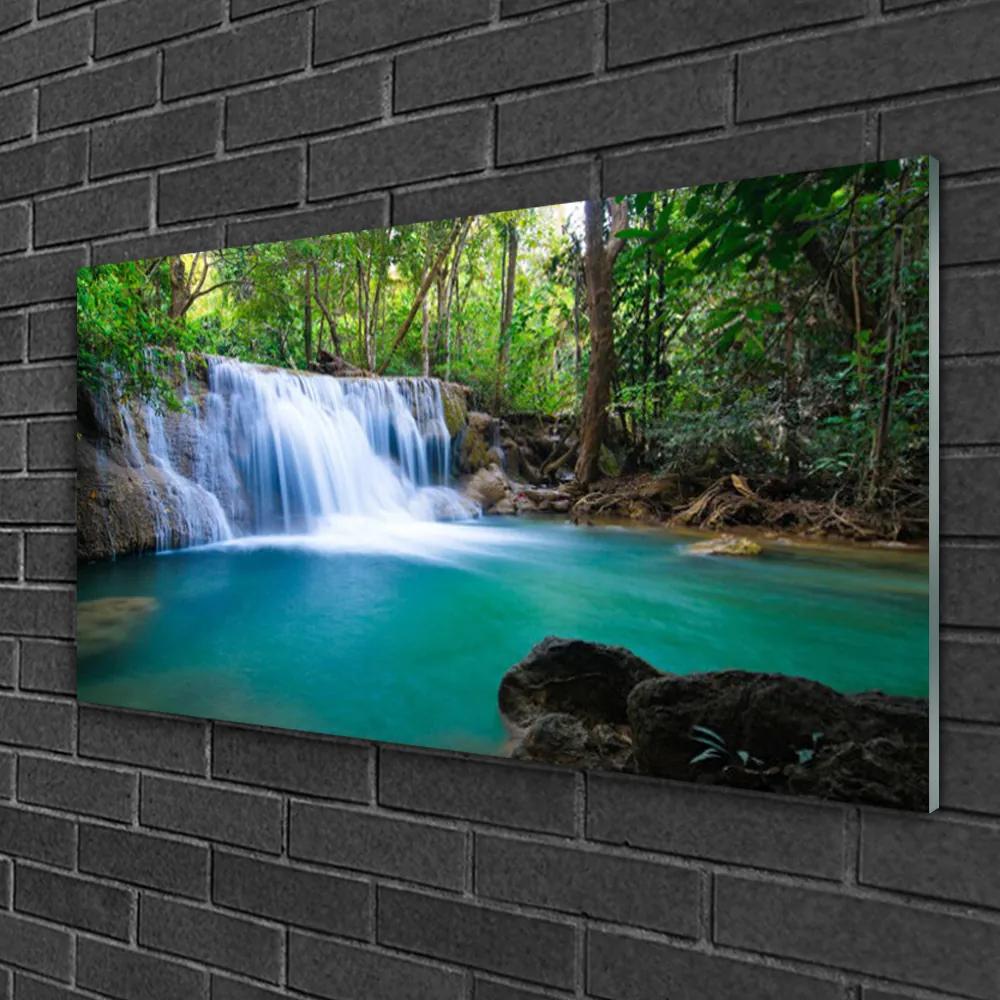 Obraz na skle Vodopád jazero les príroda 140x70 cm