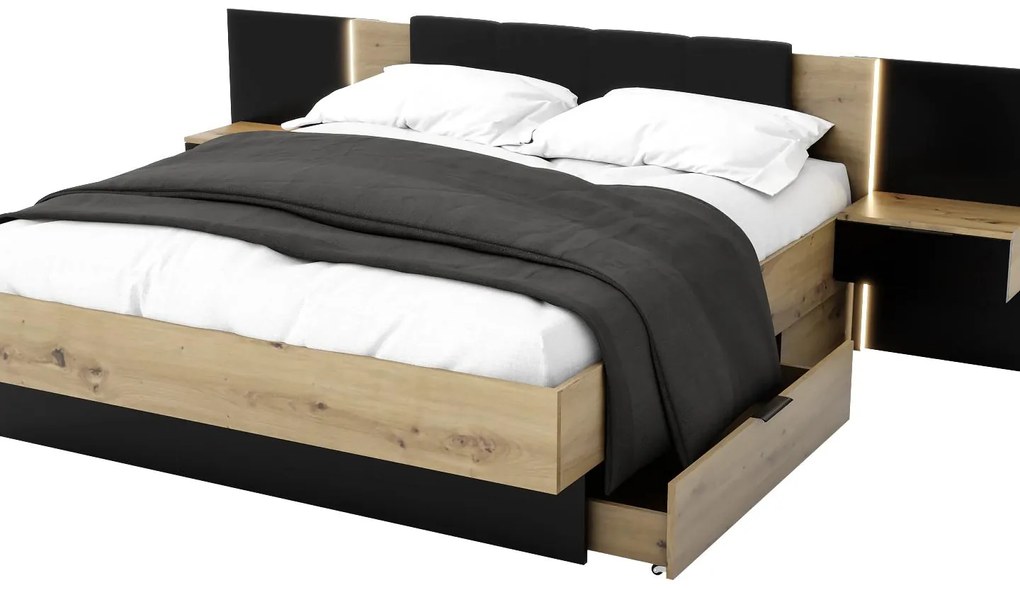 Manželská posteľ 180 cm Lewell (s čelným rámom) (s úl. priestorom) (dub artisan + čierna). Akcia -20%. Vlastná spoľahlivá doprava až k Vám domov. 1092084