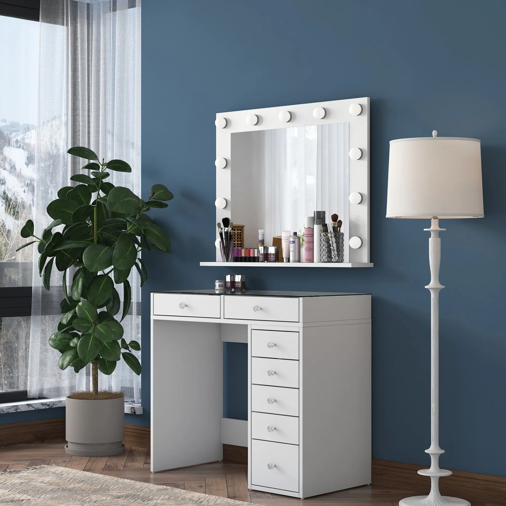 Toaletní stolek Melissa 03 s LED zrcadlem bílý/čirý