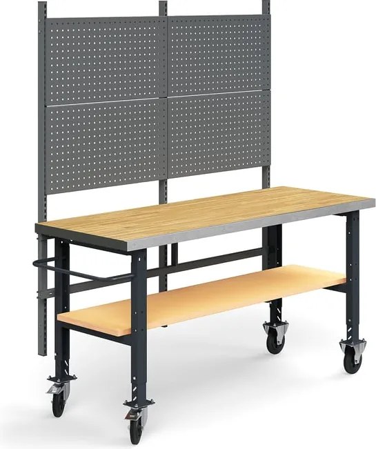 Mobilný dielenský stôl TRUST, panel na náradie, spodná polica, 2000x760 mm, povrch z dubového dreva