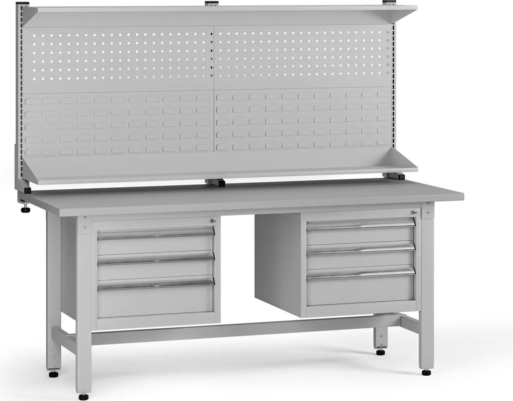Výškovo nastaviteľný dielenský stôl G5 s nadstavbou, 1800 x 750 x 800-1000 mm, 2x kontajner, 6 zásuviek, sivá