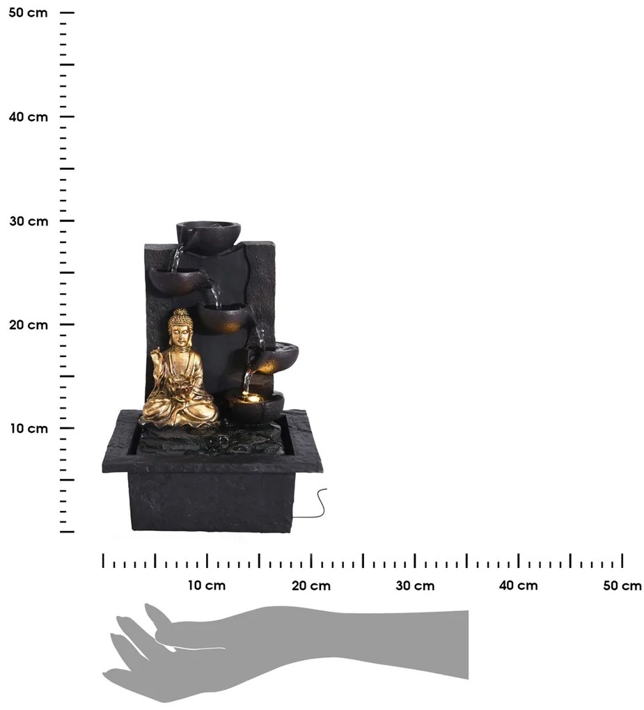 Záhradná fontána s osvetlením Budha, 30x21,5x18 cm, polistone, čierna