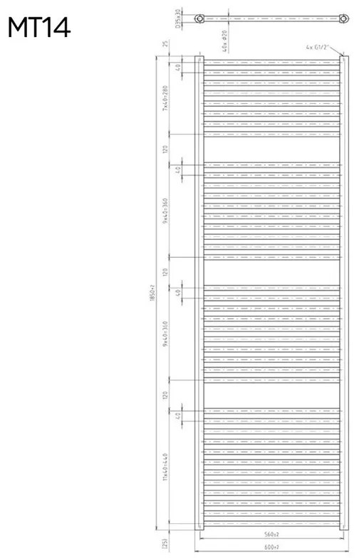 Mereo, Vykurovací rebrík 450x1330 mm, rovný, biely, MER-MT02