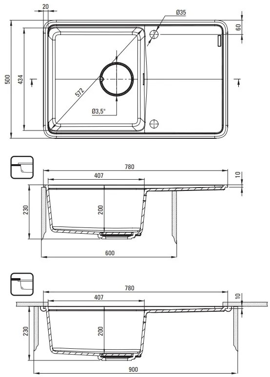 Deante Momi, 1-komorový granitový drez 780x500x230 mm s úsporným sifónom, grafitová metalíza, DEA-ZKM_G113