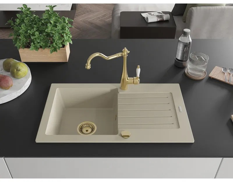 Mexen Pablo, granitový drez 752x436x161 mm, 1-komorový a drezová batéria Carla, béžová, 6510-69-670700-50