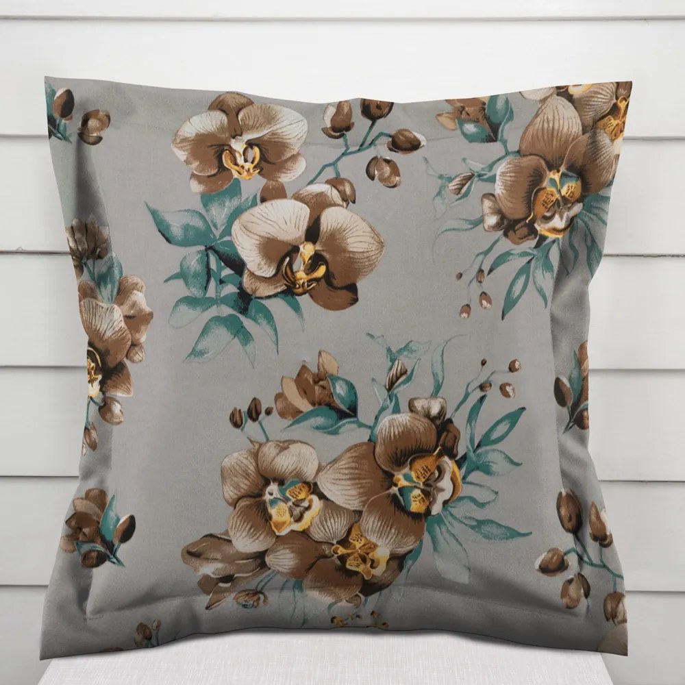 Biante Bavlnená obliečka na vankúš s lemom Sandra SA-622 Hnedé orchidey na sivom 60 x 60 cm