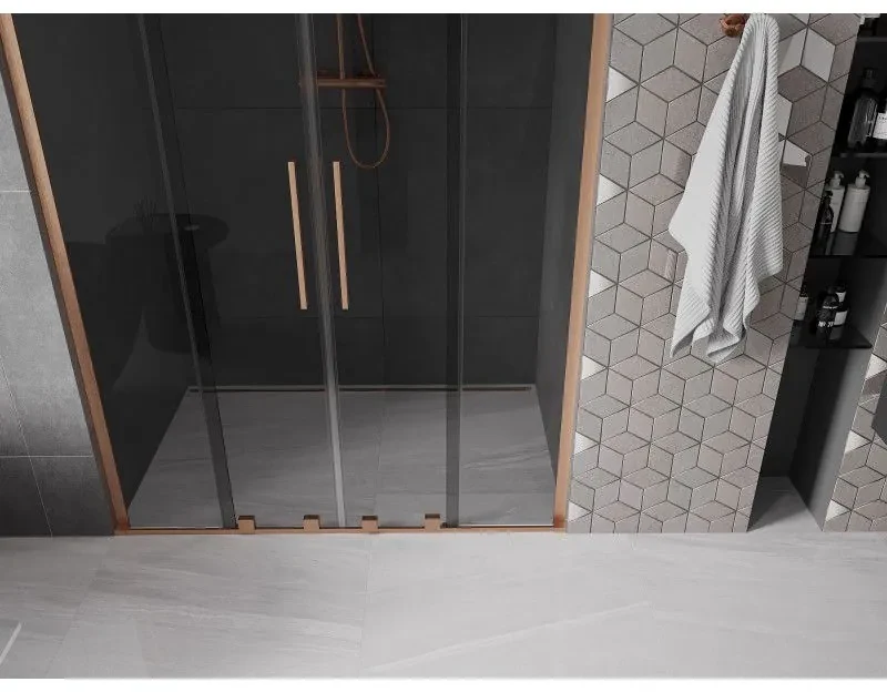 Mexen Velar L Duo, posuvné sprchové dvere do otvoru 140 cm, 8mm šedé sklo, medená matná, 871-140-003-42-65
