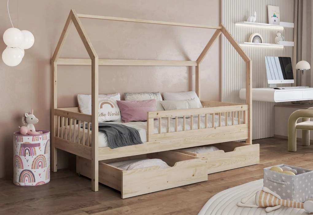 Detská domčeková posteľ z masívu borovice GAJA so šuplíkmi - 140x70 cm - prírodná borovica