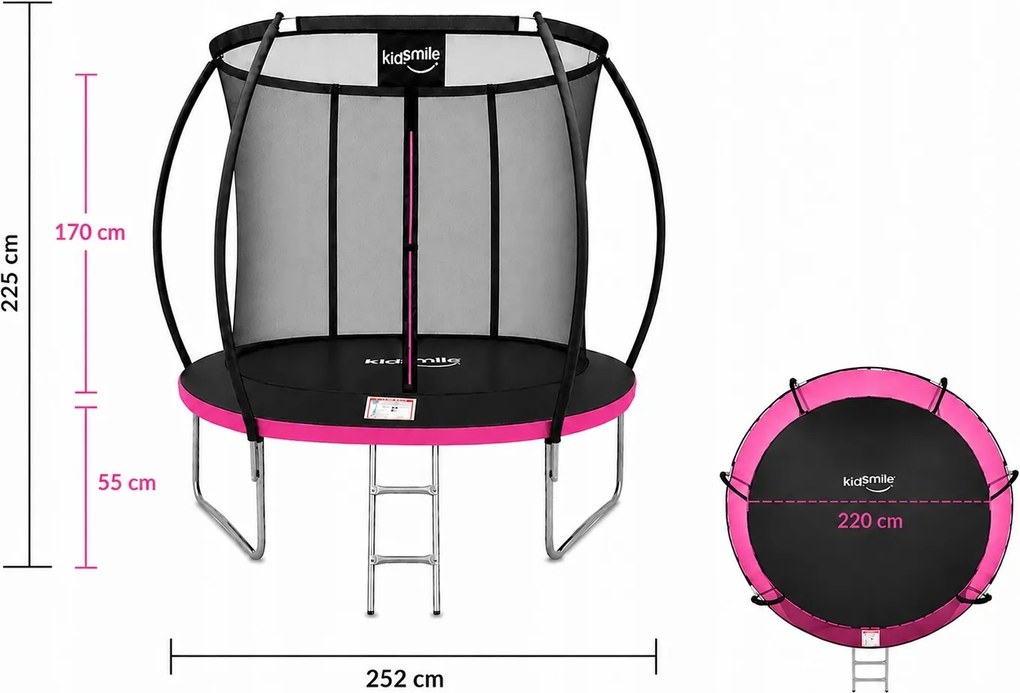 TRENDIE Trampolína s vnútornou sieťou 252 cm ružová + rebrík