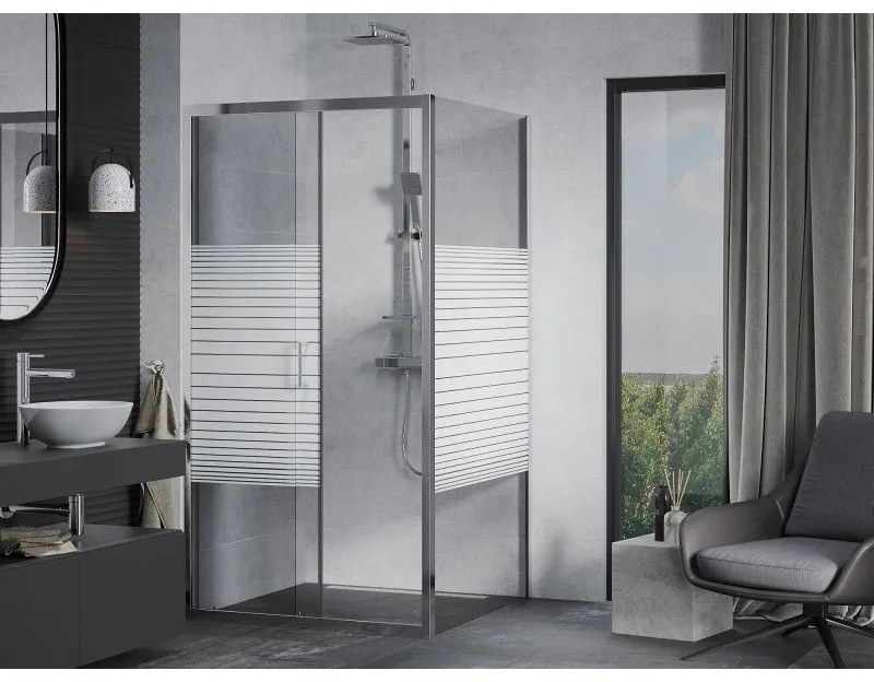 Mexen Apia, sprchový kút s posuvnými dverami 90 (dvere) x 90 (stena) cm, 6mm číre-pásy sklo, chrómový profil, 840-090-090-01-20