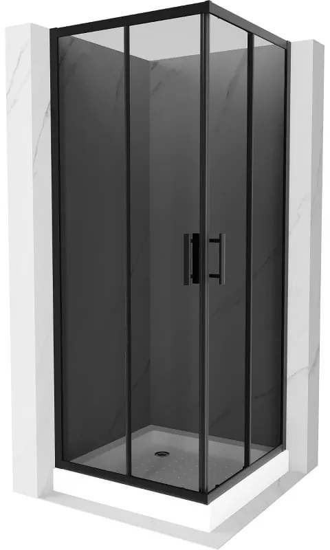 Mexen Rio, štvorcový sprchovací kút s posuvnými dverami 70(dvere) x 70(dvere) x 190 cm, 6mm šedé sklo, čierny profil + biela sprchová vanička RIO, 860-070-070-70-40-4510