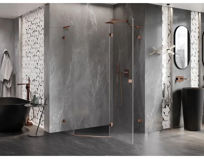 Mexen Lunar, L pravý výklopný päťuholníkový sprchový kút 100 x 90 cm, 8mm číre sklo, profil ružové zlato, 831L-100P-090L-60-00-P