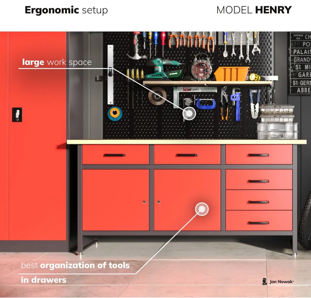 Dielenský stôl so zásuvkami a skrinkou HENRY, 1700 x 850 x 600 mm, antracitovo-červeny