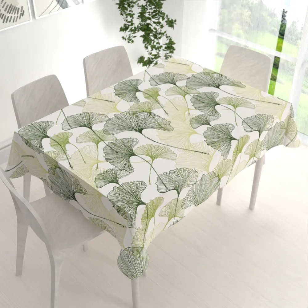 Biante Bavlnený obdĺžnikový obrus Sandra SA-576 Zelené Ginkgo listy na bielom 140x220 cm