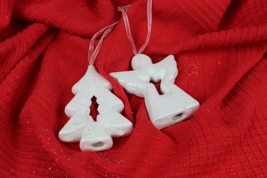 Biele vianočné ozdoby anjel a stromček 2-set
