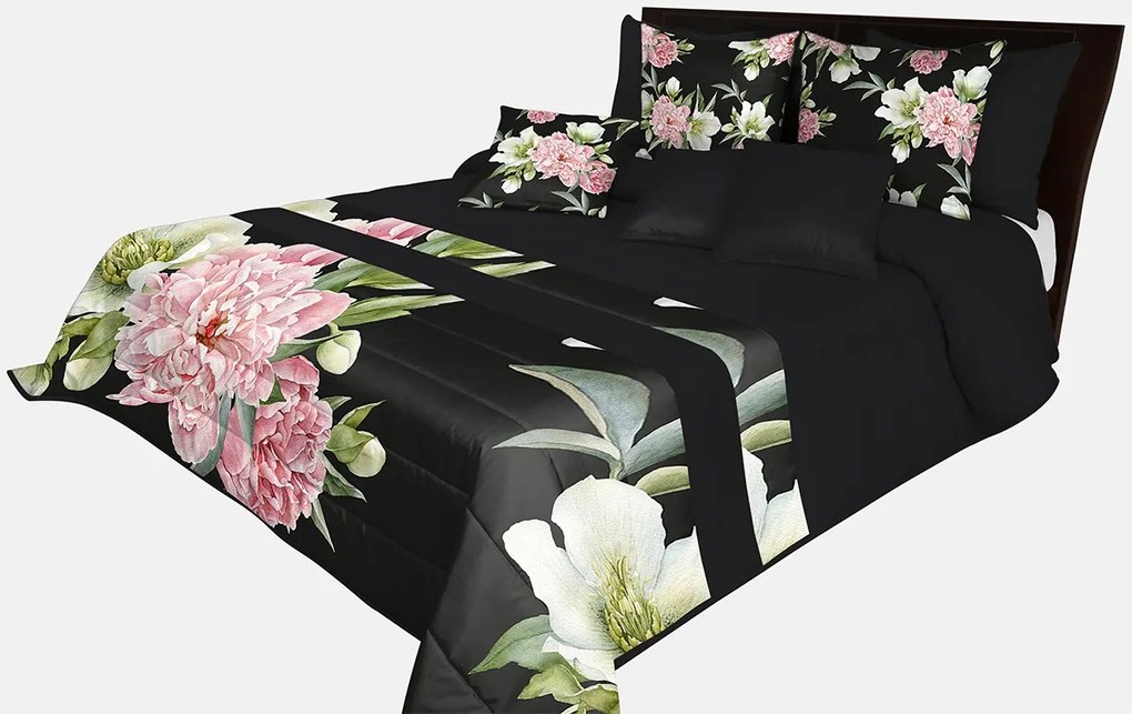 Prešívaný prehoz na posteľ v čiernej farbe s dokonalou potlačou kvetín