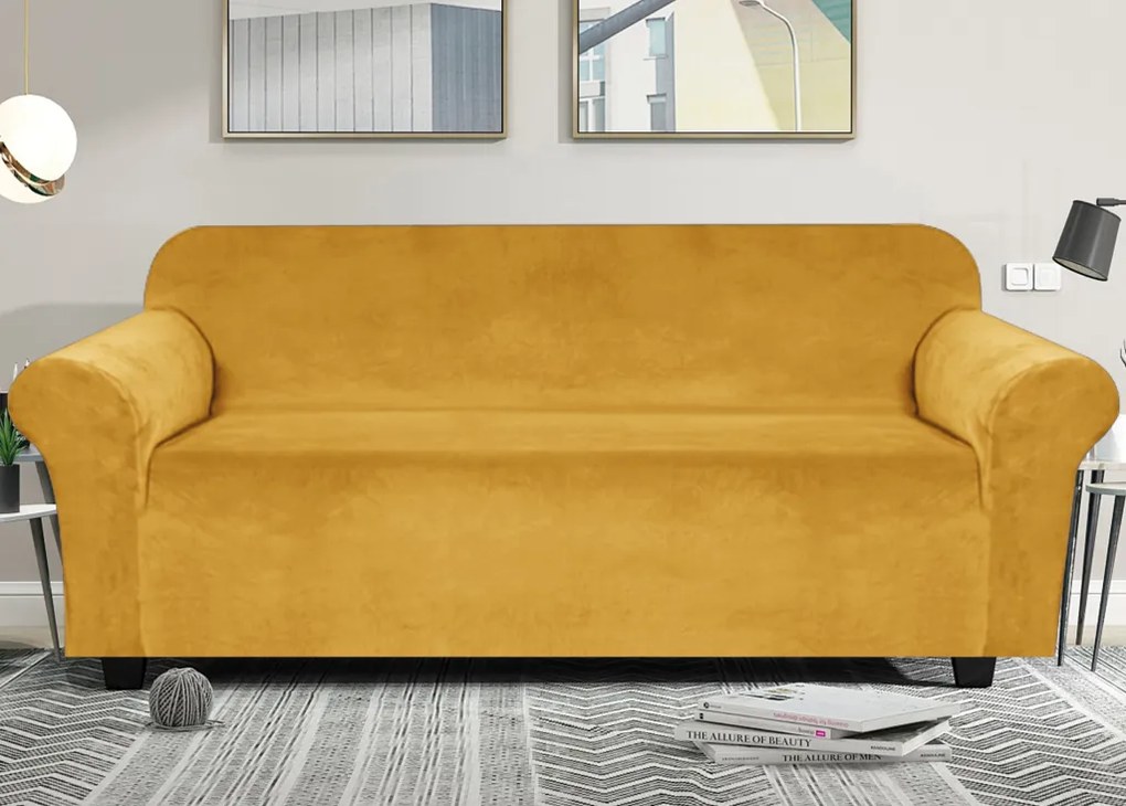Elastický plyšový poťah na trojmiestnu pohovku BestBerg / žltá