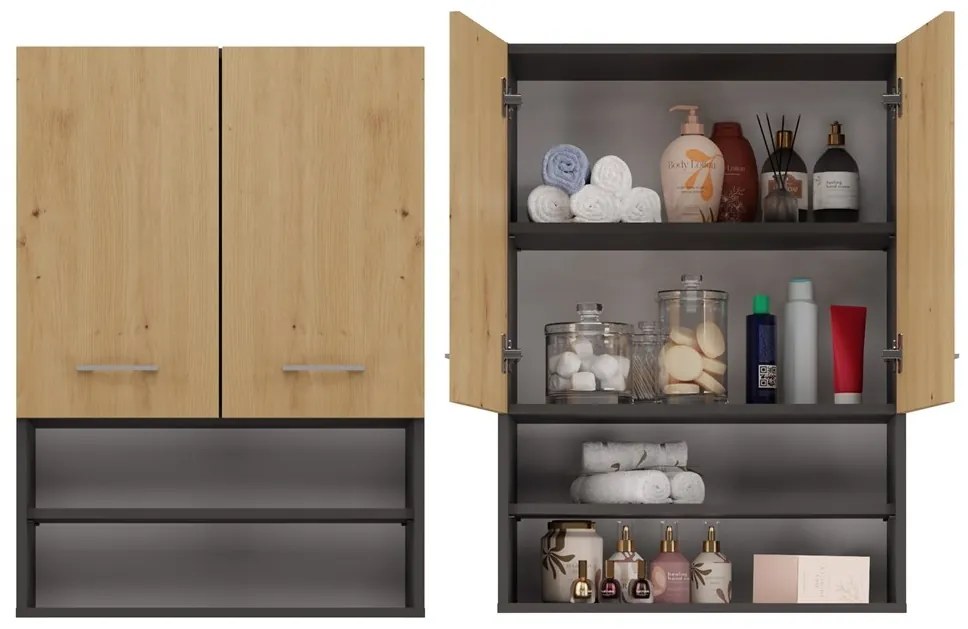 Dubová kúpeľňová skrinka s poličkami POLA  Dub artisan/antracit