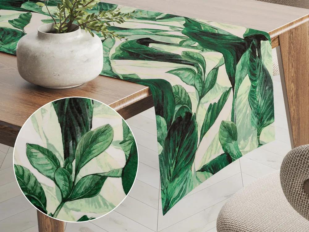 Biante Zamatový behúň na stôl Tamara TMR-028 Veľké zelené listy 45x120 cm