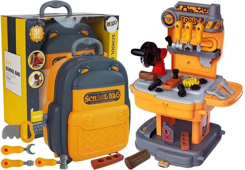 LEAN Toys Sada náradia v batohu „Dielňa“ – oranžovo-sivá