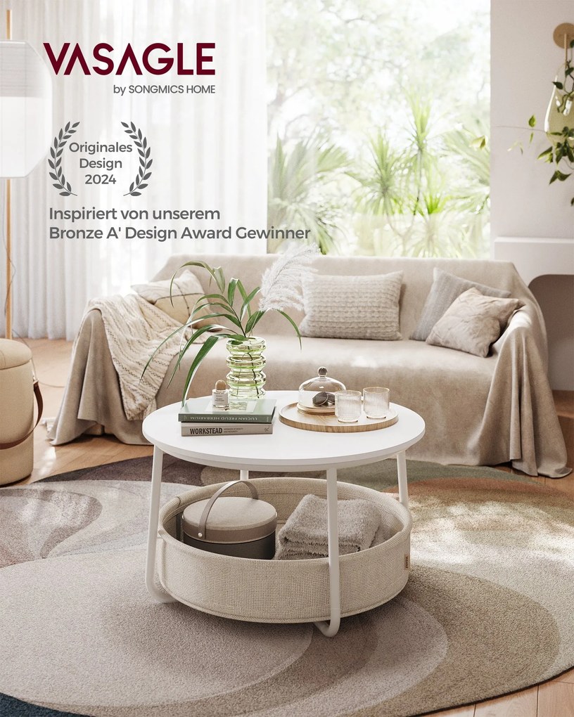 Kruhový konferenčný stolík so skladovaním, matná biela a kamelová hnedá farba