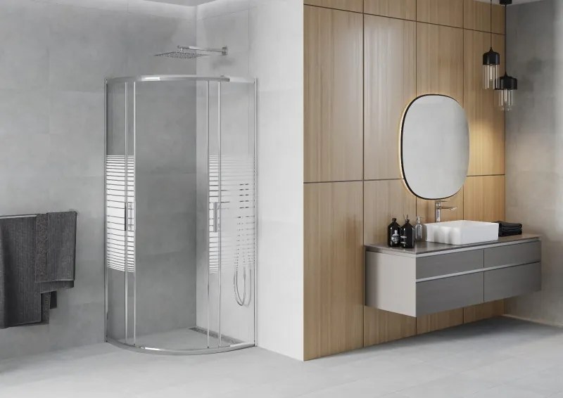 Mexen Rio, štvrťkruhový sprchovací kút s posuvnými dverami 80(dvere) x 80(dvere) x 190 cm, 6mm číre sklo s pásikmi, chrómový profil, 863-080-080-01-20