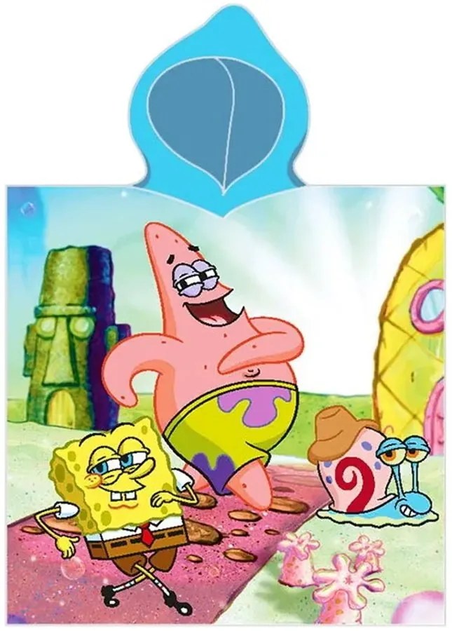 Detské plážové pončo - bavlnená osuška s kapucňou SpongeBob a Patrik - 100% bavlna - 55 x 110 cm - pre deti od 3 do 6 rokov