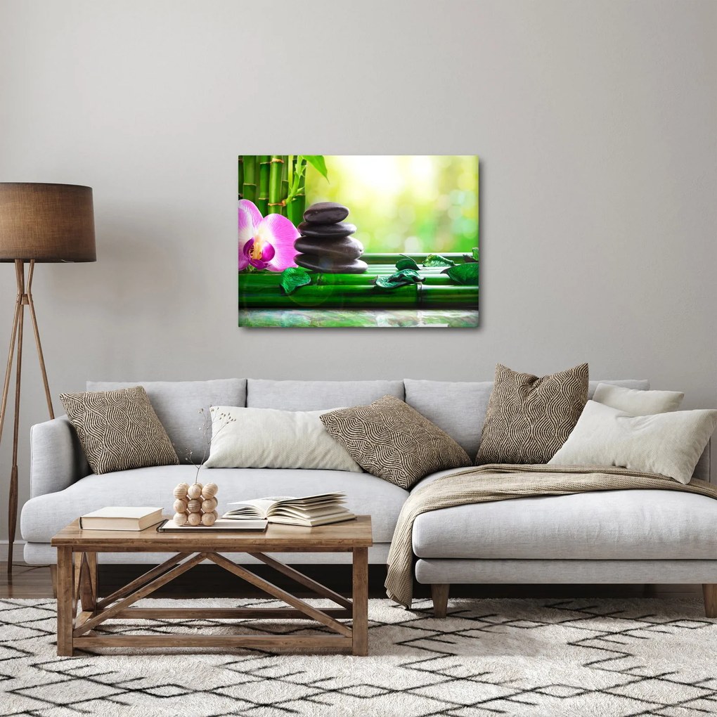 Obraz masážnych kameňov a orchidey na vode (70x50 cm)