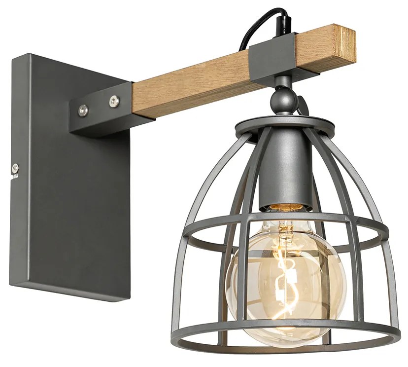 Priemyselná nástenná lampa tmavosivá s dreveným nastaviteľným - Arthur