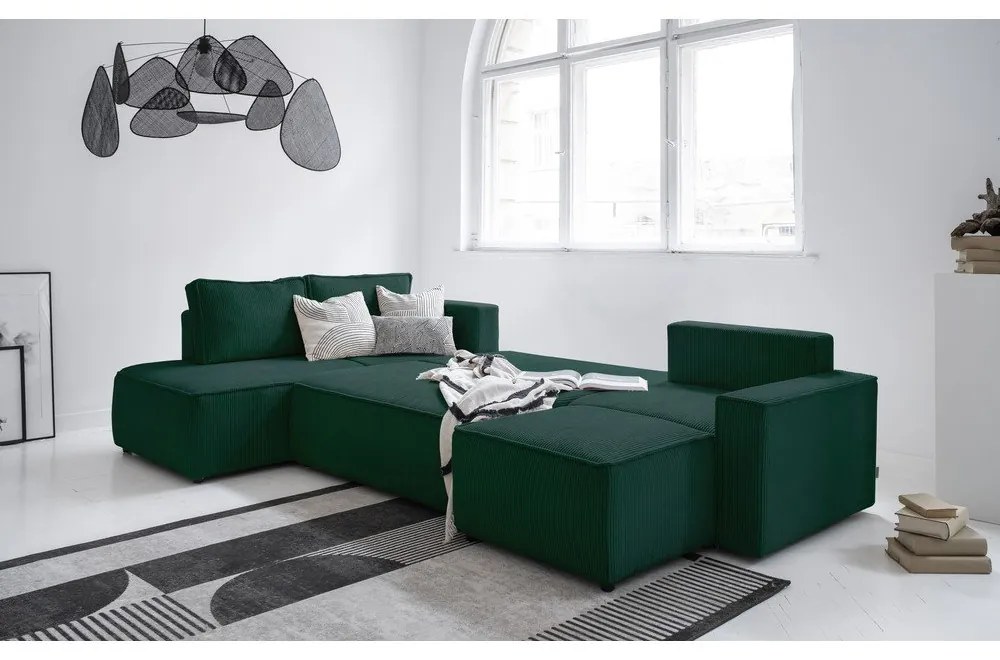 Tmavozelená menčestrová rozkladacia rohová pohovka (ľavý roh/do tvaru "U") Brave Dave – Miuform