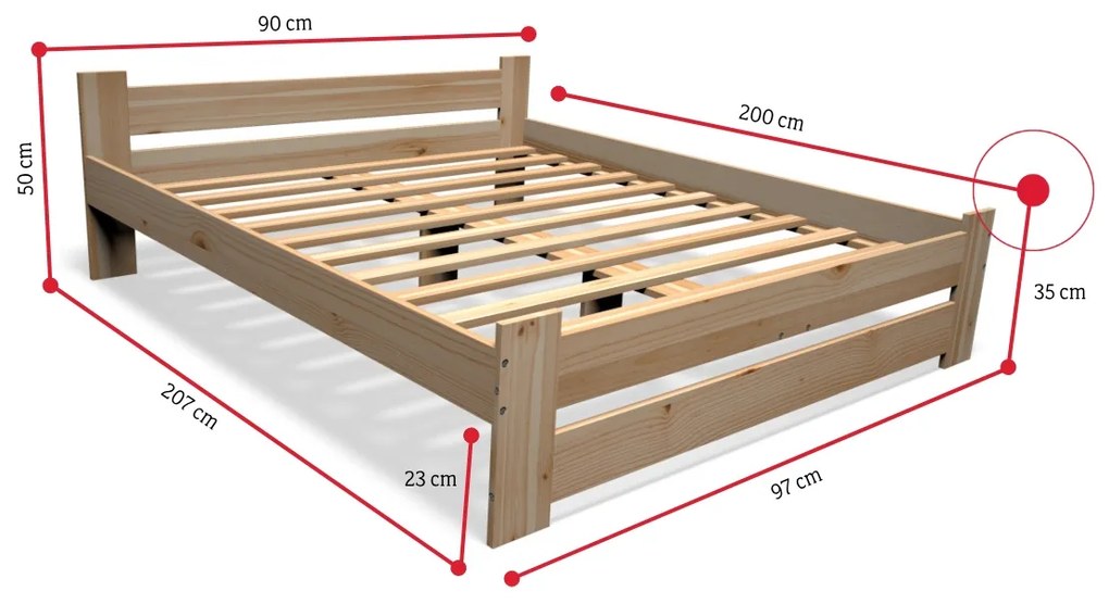 Posteľ z masívu STUDENT + rošt ZADARMO + penový matrac MORAVIA 16 cm, 90x200cm, prírodný/nelak