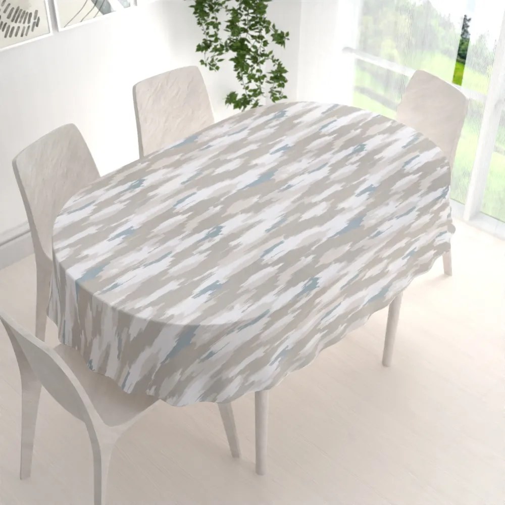 Biante Zamatový oválny obrus Tamara TMR-024 Sivo-béžovo-biele žíhané pásy 140x180 cm