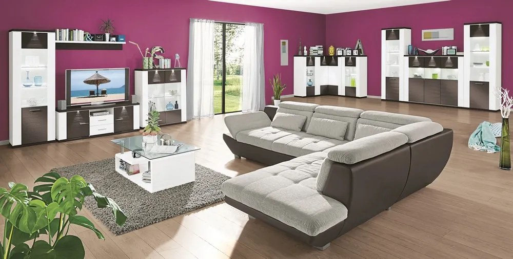 Široká vitrína Caracas typ 22, grafit/biely lesk, s osvetlením