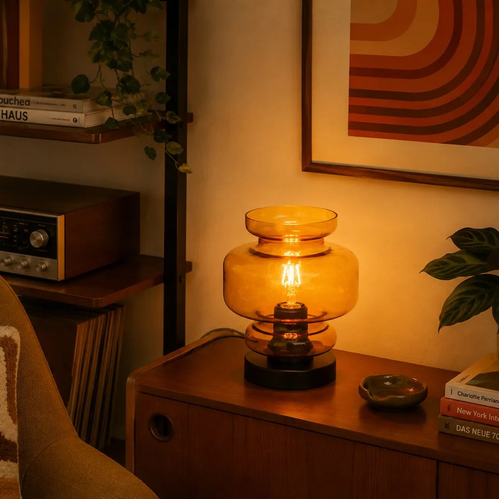 Retro stolná lampa čierna s oranžovým sklom - Denise